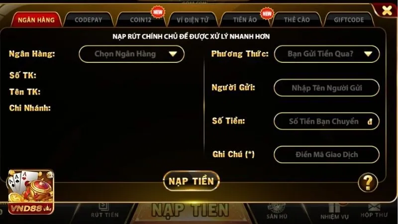 Nạp tiền VND88 thông qua chuyển khoản ngân hàng nội địa
