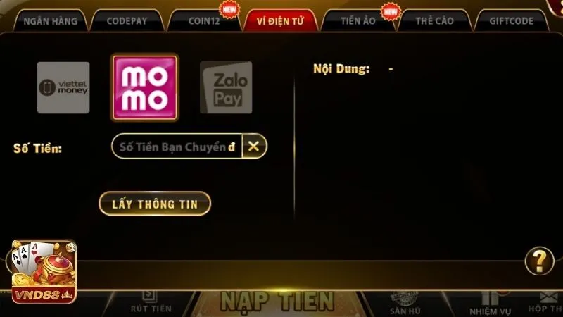 Hướng dẫn nạp tiền VND88 thông qua ví điện tử