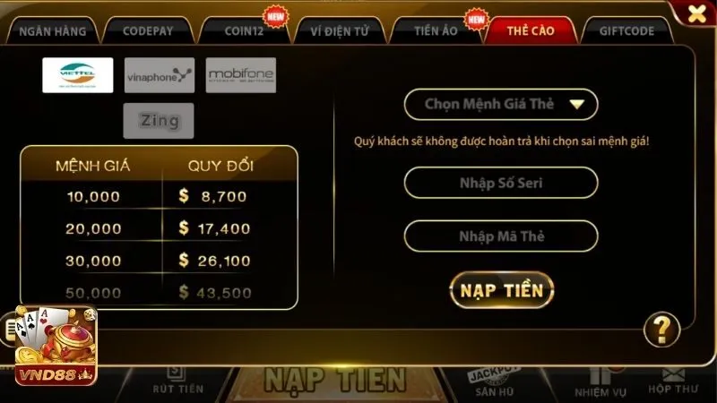 Các bước nạp tiền VND88 thông qua thẻ cào